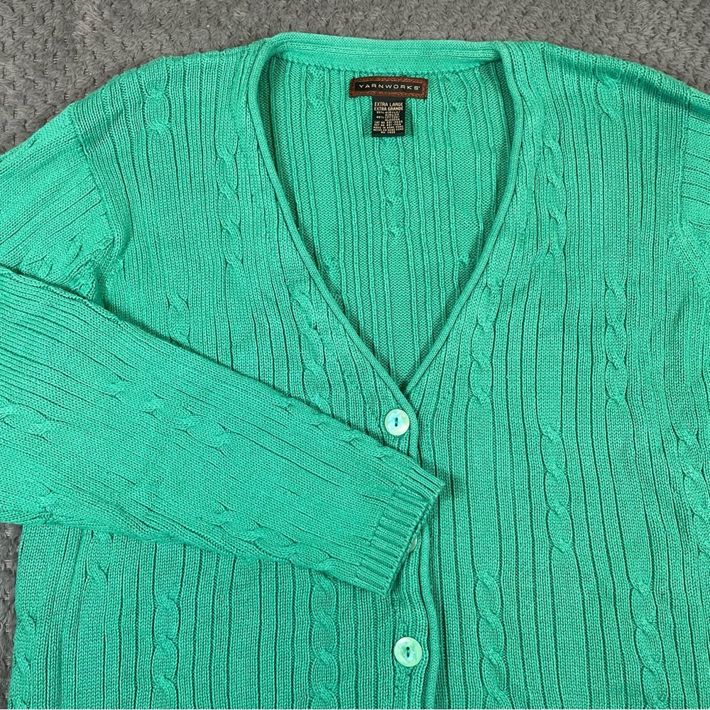 Yarnworks Women's Cardigan Sweater Size XL Green Cable Knit GrandmaCore Academia